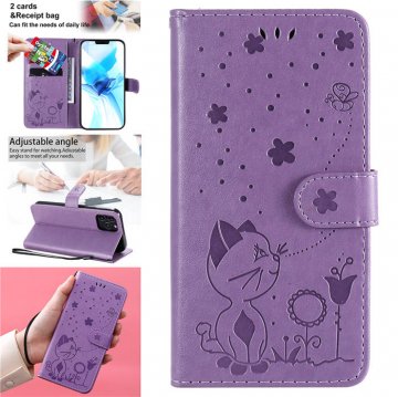 iPhone 12 Pro Embossed Cat Bee Wallet Magnetic Stand Case Purple