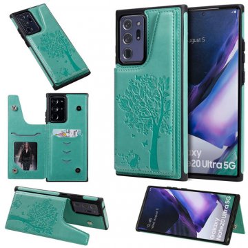 Samsung Galaxy Note 20 Ultra Embossed Tree Cat Magnetic Clasp Wallet Stand Case Green