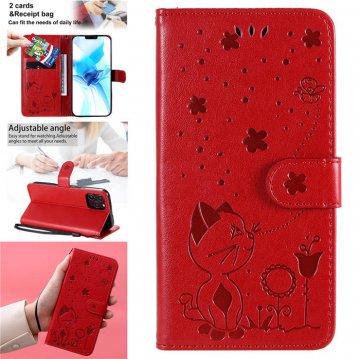iPhone 12 Pro Embossed Cat Bee Wallet Magnetic Stand Case Red