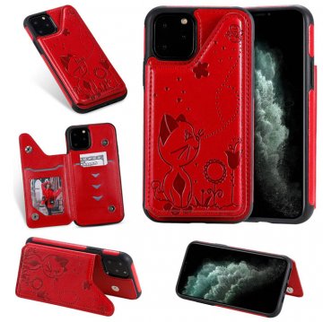 iPhone 11 Pro Max Bee and Cat Embossing Card Slots Stand Cover Red