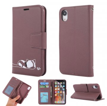 iPhone XR Cat Pattern Wallet Magnetic Stand PU Leather Case Brown