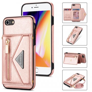 Crossbody Zipper Wallet iPhone 7/8/SE2 2020/SE3 2022 Case With Strap Rose Gold