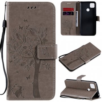 Xiaomi Redmi 9C Embossed Tree Cat Butterfly Wallet Stand Case Gray