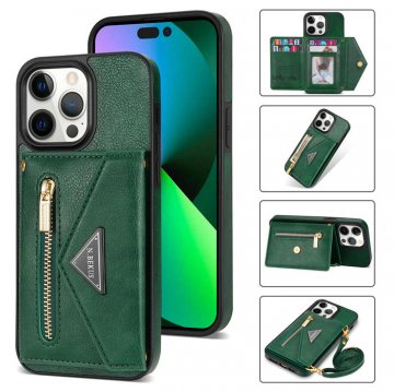 Crossbody Zipper Wallet iPhone 14 Pro Case With Strap Green