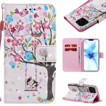 iPhone 12 Pro Flower Tree Swing Girl Painted Wallet Magnetic Kickstand Case