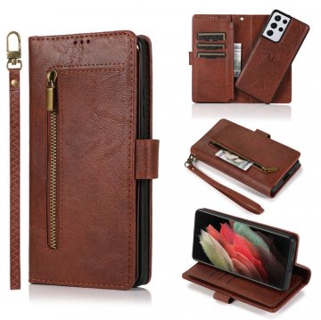Zipper Pocket Wallet 9 Card Slots Stand For Samsung Case Brown
