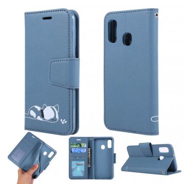 Samsung Galaxy A20e Cat Pattern Wallet Magnetic Stand Case Blue