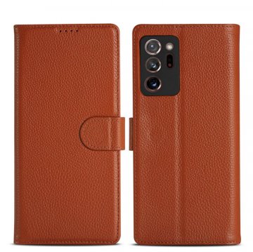Genuine Leather Samsung Galaxy Note 20 Litchi Texture Wallet Stand Case Brown