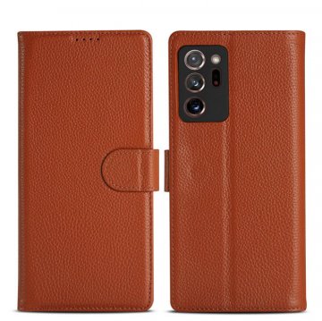 Genuine Leather Samsung Galaxy Note 20 Ultra Litchi Texture Wallet Stand Case Brown