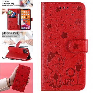 iPhone 11 Pro Embossed Cat Bee Wallet Magnetic Stand Case Red