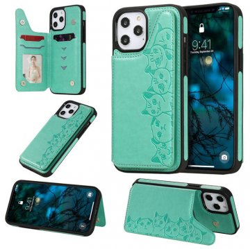 iPhone 12 Pro Max Luxury Cute Cats Magnetic Card Slots Stand Case Green