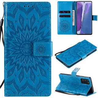 Samsung Galaxy Note 20 Embossed Sunflower Wallet Stand Case Blue