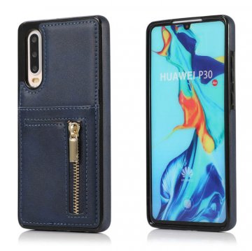 Huawei P30 Zipper Wallet PU Leather Case Cover Blue