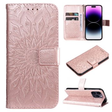 Embossed Sunflower Leather Wallet Kickstand Phone Case Rose Gold