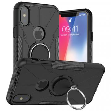 iPhone X/XS Hybrid Rugged PC + TPU Ring Kickstand Case Black