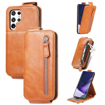 Zipper Pocket Vertical Flip Wallet Stand Case Brown For Samsung