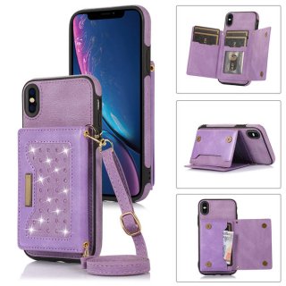 Bling Crossbody Bag Wallet iPhone XS Max Case with Lanyard Strap Purple