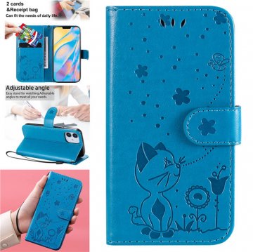 iPhone 12 Embossed Cat Bee Wallet Magnetic Stand Case Blue