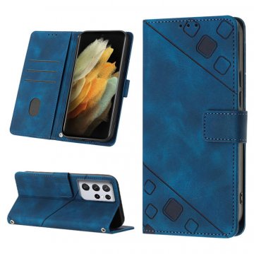 Skin-friendly Samsung Galaxy S21 Ultra Wallet Stand Case with Wrist Strap Blue
