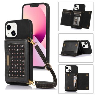 Bling Crossbody Bag Wallet iPhone 13 Case with Lanyard Strap Black