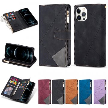iPhone 12 Pro Color Splicing Lines Wallet Stand Case Black