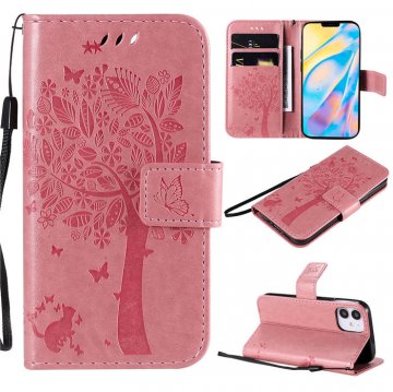 iPhone 12 Embossed Tree Cat Butterfly Wallet Stand Case Pink