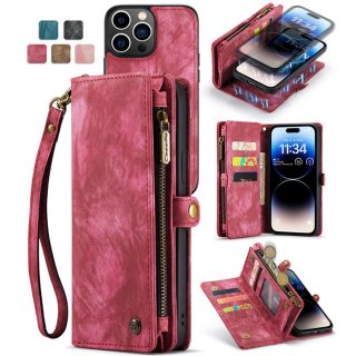 CaseMe iPhone 14 Pro Max Zipper Wallet Case with Wrist Strap Red