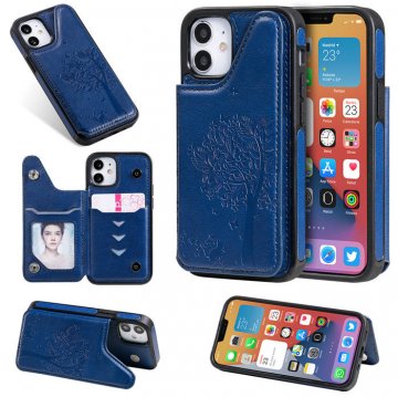 iPhone 12 Mini Luxury Tree and Cat Magnetic Card Slots Stand Cover Blue