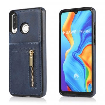 Huawei P30 Lite Zipper Wallet PU Leather Case Cover Blue