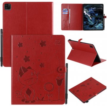iPad Pro 12.9 inch 2020 Embossed Cat Wallet Stand Leather Case Red