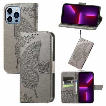 Butterfly Embossed Leather Wallet Kickstand Case Gray For iPhone