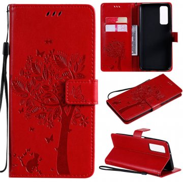 Huawei P Smart 2021 Embossed Tree Cat Butterfly Wallet Stand Case Red