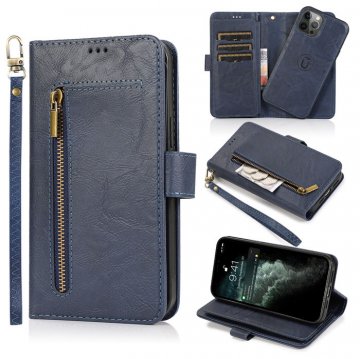 Zipper Pocket Wallet 9 Card Slots with Wrist Strap For iPhone Case Blue