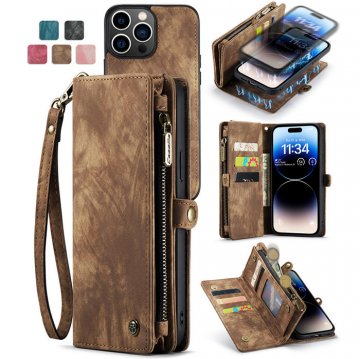 CaseMe iPhone 14 Pro Max Zipper Wallet Case with Wrist Strap Coffee