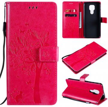 Motorola Moto G9 Play Embossed Tree Cat Butterfly Wallet Stand Case Rose