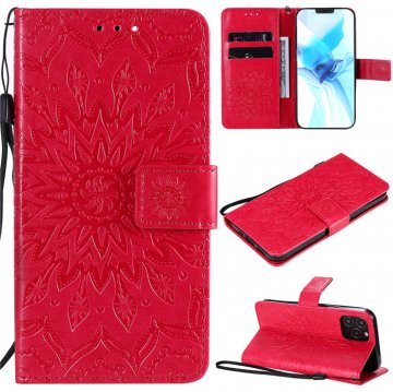 iPhone 12 Pro Embossed Sunflower Wallet Magnetic Stand Case Red