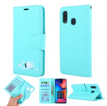 Samsung Galaxy A20 Cat Pattern Wallet Magnetic Stand Case Mint