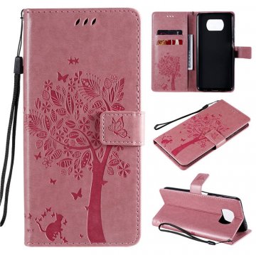 Xiaomi Poco X3 NFC Embossed Tree Cat Butterfly Wallet Stand Case Pink
