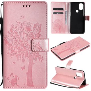 OnePlus Nord N10 5G Embossed Tree Cat Butterfly Wallet Stand Case Rose Gold