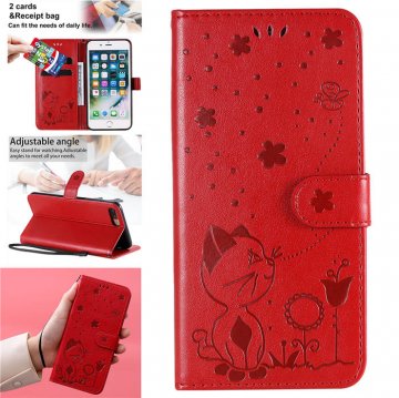 iPhone 7 Plus/8 Plus Embossed Cat Bee Wallet Stand Case Red