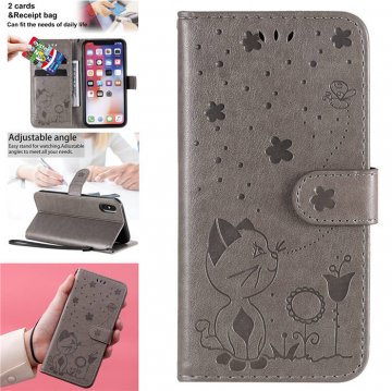 iPhone XS/X Embossed Cat Bee Wallet Magnetic Stand Case Gray