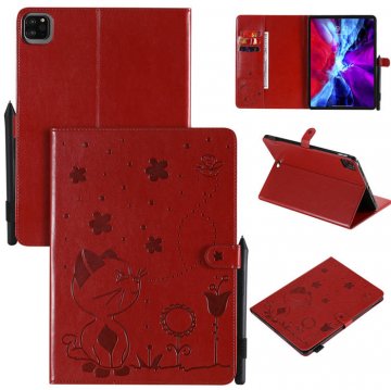 iPad Pro 11 inch 2020 Embossed Cat Wallet Stand Leather Case Red