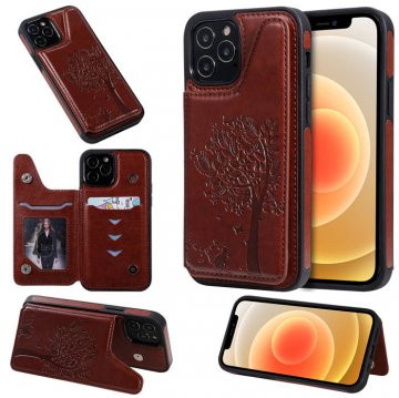 iPhone 12 Pro Embossed Tree Cat Magnetic Clasp Wallet Stand Case Brown