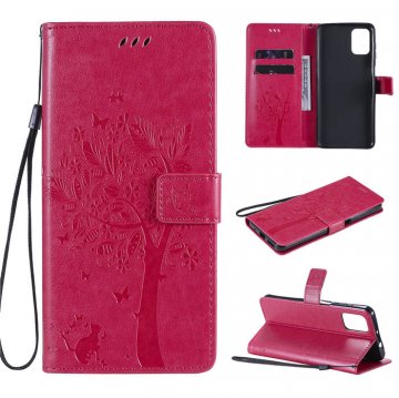 Motorola Moto G9 Plus Embossed Tree Cat Butterfly Wallet Stand Case Rose