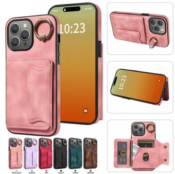 For iPhone 15 Pro Max Card Holder Ring Kickstand Case Pink
