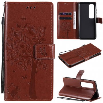 Xiaomi Mi 10 Ultra Embossed Tree Cat Butterfly Wallet Stand Case Brown