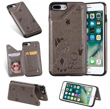 iPhone 7 Plus/8 Plus Bee and Cat Embossing Card Slots Stand Cover Gray
