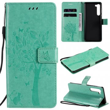 Motorola Edge Embossed Tree Cat Butterfly Wallet Stand Case Green