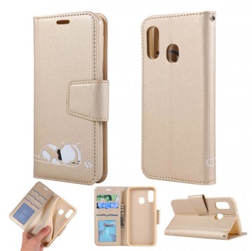 Samsung Galaxy A20e Cat Pattern Wallet Magnetic Stand Case Gold