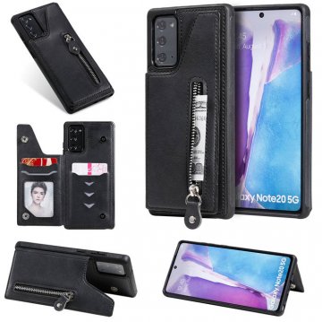 Samsung Galaxy Note 20 Ultra Zipper Pocket Card Slots Magnetic Clasp Stand Case Black